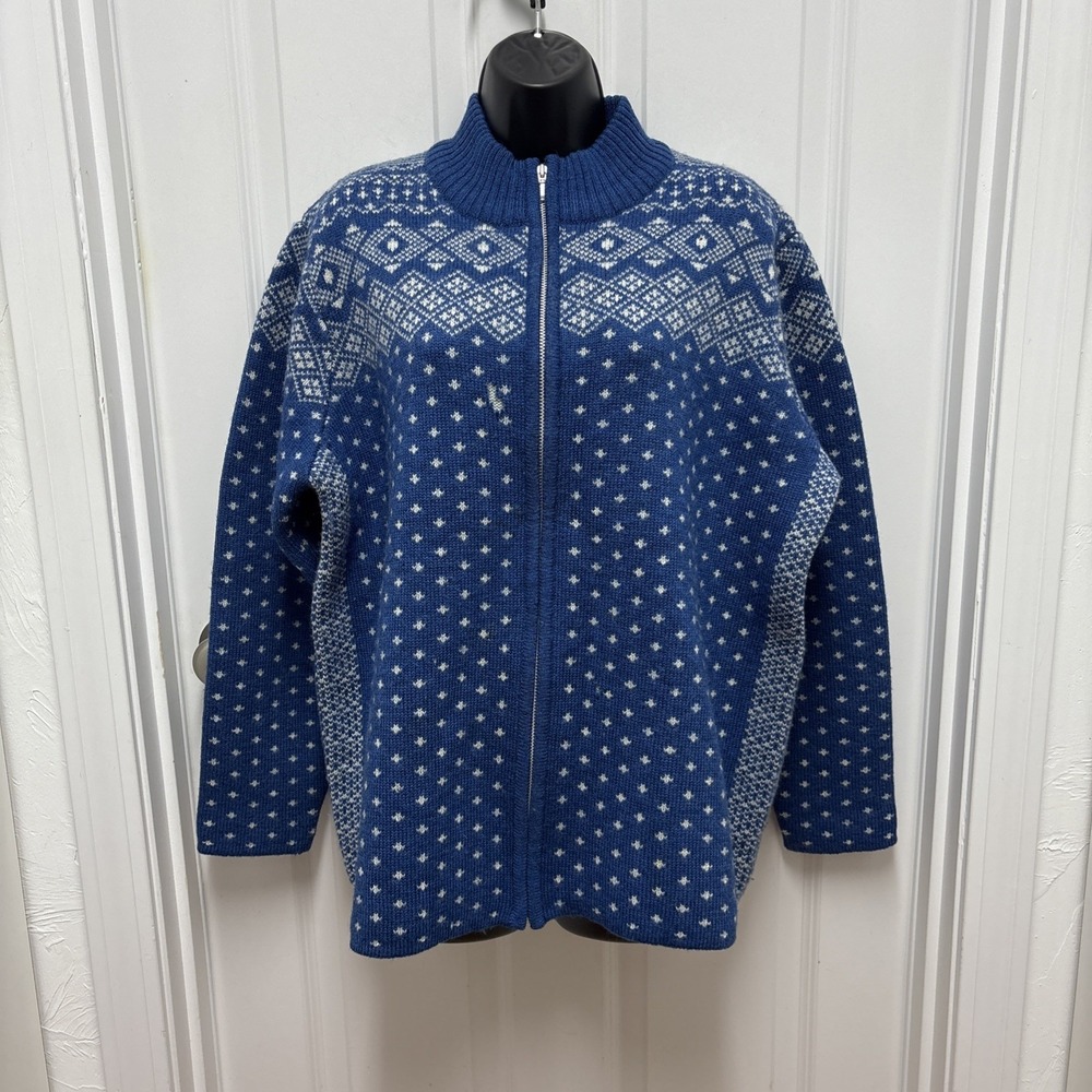 Lands End Blue Fair Isle Snowflake Zip Up Sweater‎ Knit Jacket XL